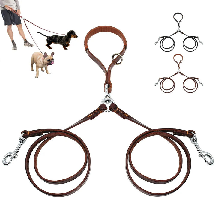 2-Way Leather Dog Leash Coupler – Dual No-Tangle Split Leash with Brass-Plated Hardware (Brown)