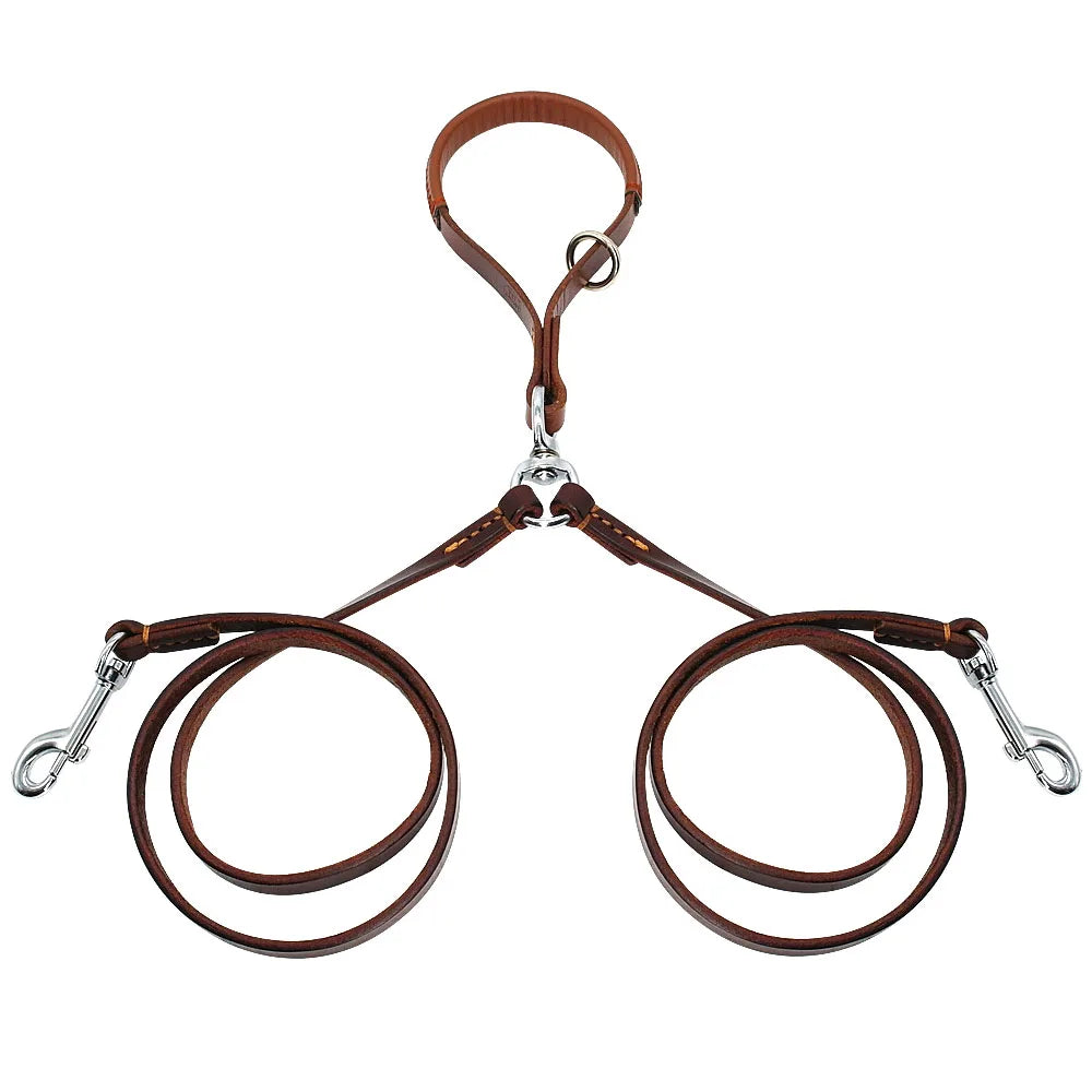 2-Way Leather Dog Leash Coupler – Dual No-Tangle Split Leash with Brass-Plated Hardware (Brown)