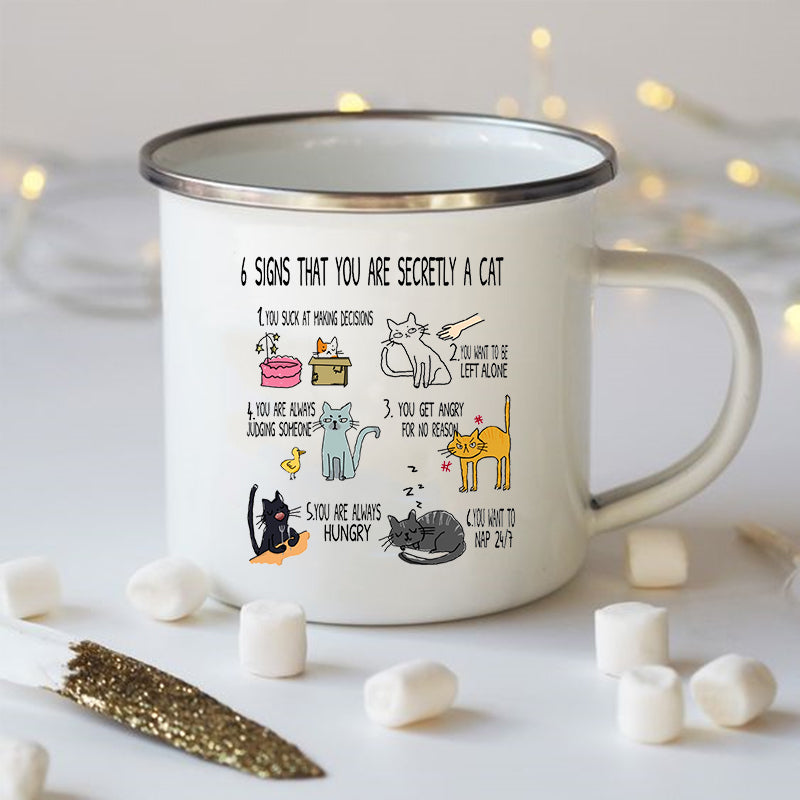 Funny Cat Print Enamel Mug – "6 Signs That You Are Secretly A Cat" Coffee Cup | Cat Lover Gift | Creative Drinkware