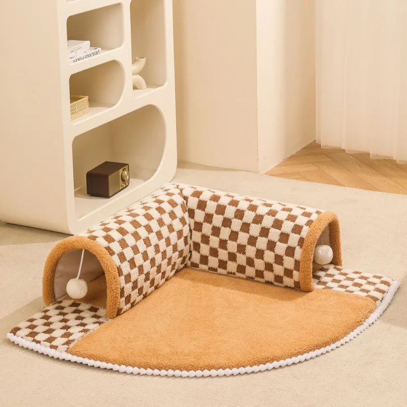 2-in-1 Cat Tunnel Bed – Plush Hideaway Tunnel with Removable Mat & Play Ball 2-in-1 Cat Tunnel Bed – Plush Hideaway Tunnel with Removable Mat & Play Ball