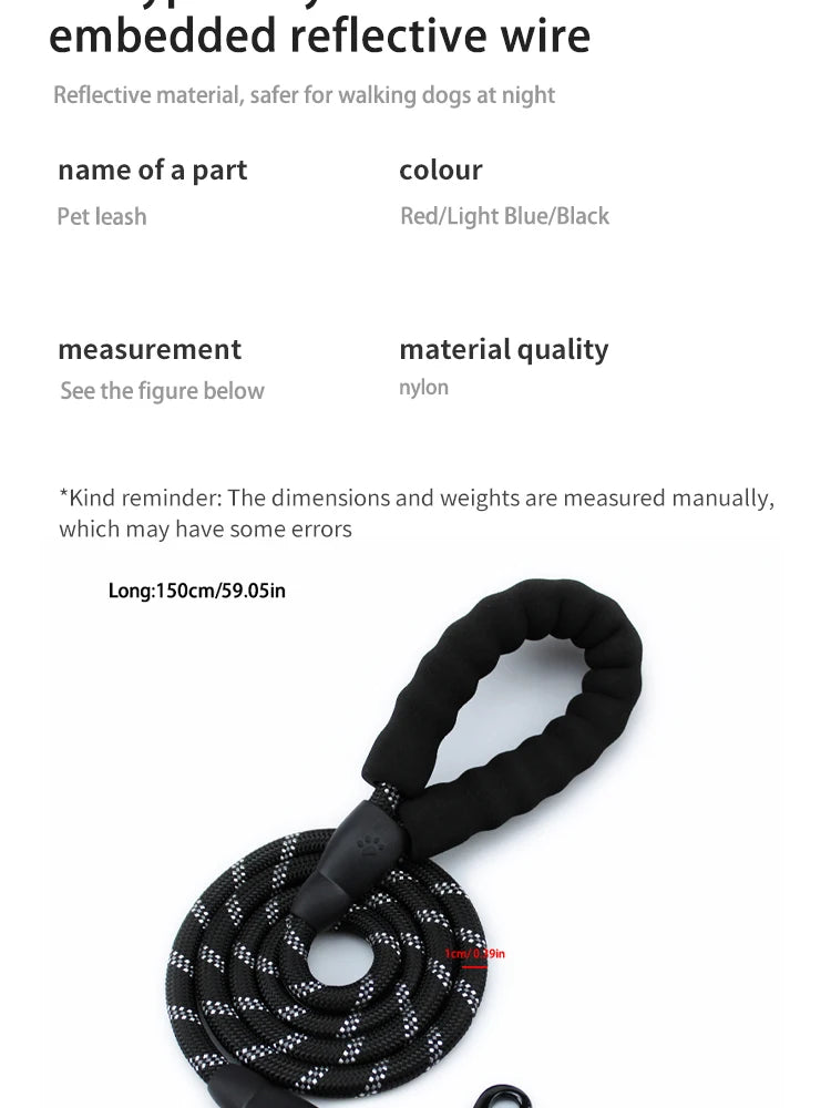 Reflective Nylon Dog Leash – Heavy-Duty Braided Rope Lead for Night Walks