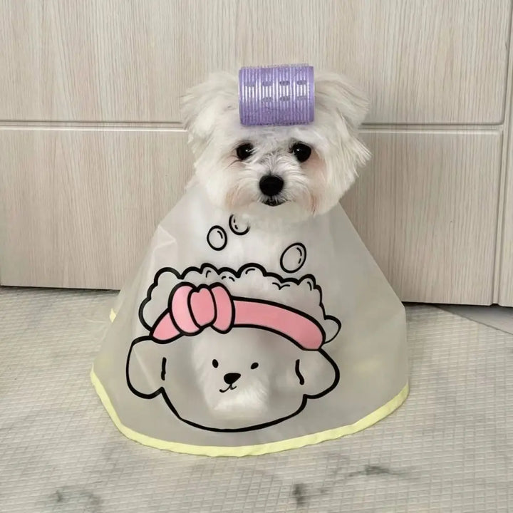 Adjustable Waterproof Pet Grooming Cape – Cartoon Print Dog Haircut Cloak | Transparent Facial Care Cape for Cats & Dogs