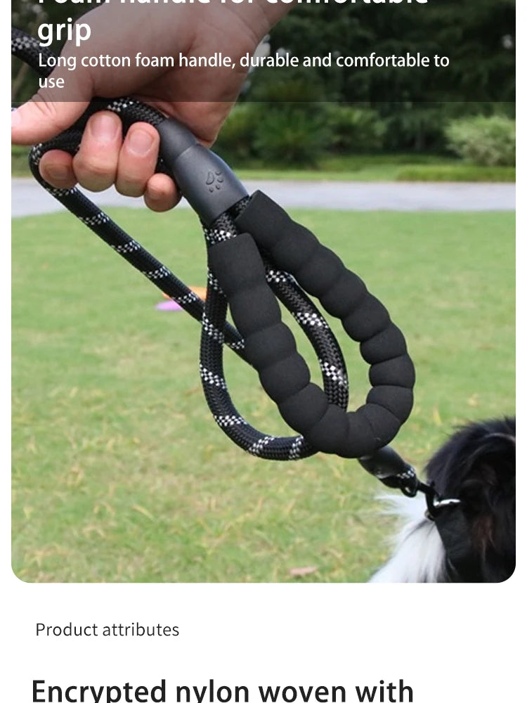 Reflective Nylon Dog Leash – Heavy-Duty Braided Rope Lead for Night Walks