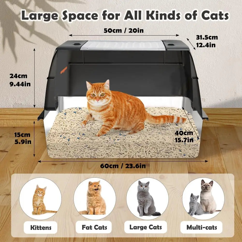 XXL Stainless Steel Cat Litter Box with Lid – High-Sided Enclosed Kitty Litter Pan with Front Entry & Top Access for Large Cats