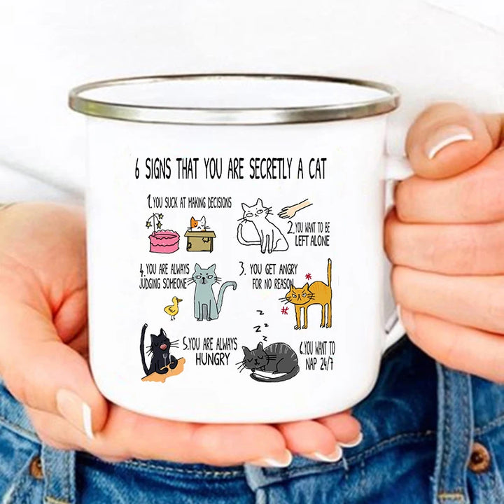 Funny Cat Print Enamel Mug – "6 Signs That You Are Secretly A Cat" Coffee Cup | Cat Lover Gift | Creative Drinkware