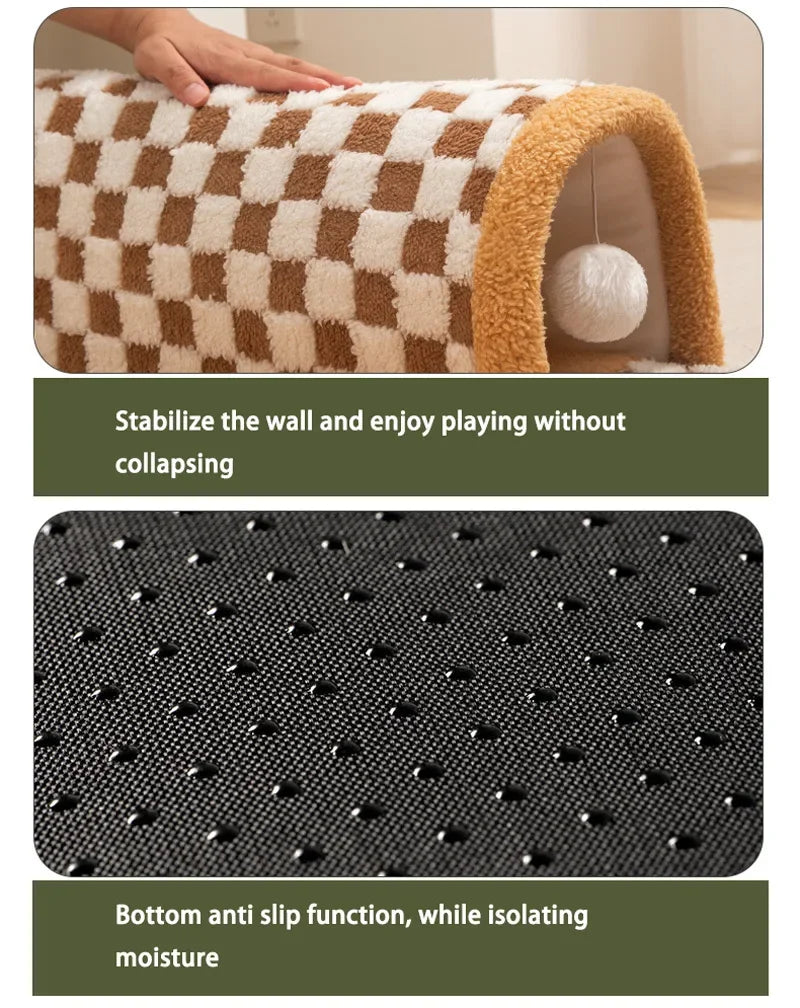 2-in-1 Cat Tunnel Bed – Plush Hideaway Tunnel with Removable Mat & Play Ball 2-in-1 Cat Tunnel Bed – Plush Hideaway Tunnel with Removable Mat & Play Ball