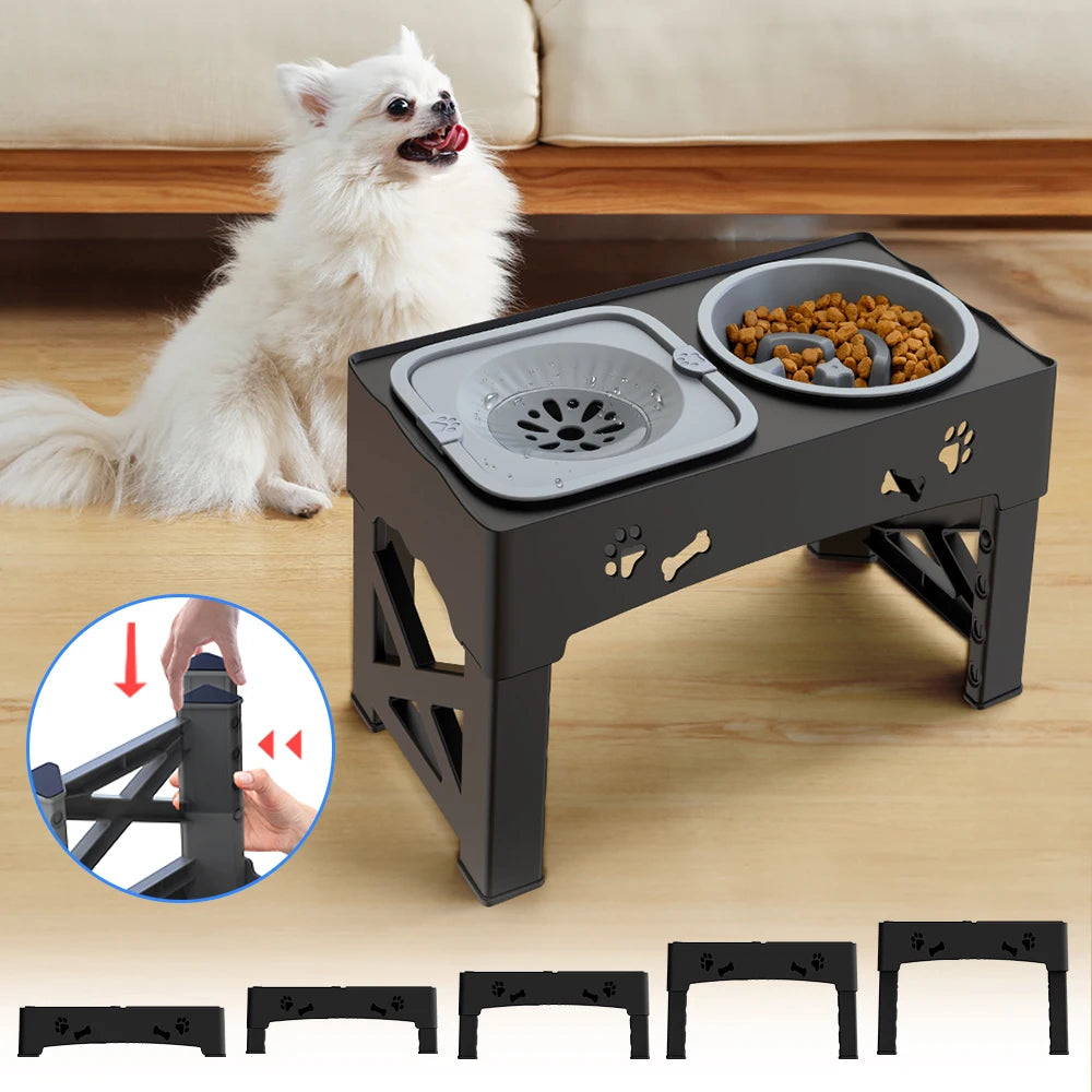 3-in-1 Adjustable Height Pet Feeder – Double Stainless Steel Bowls with Slow Feeder & Foldable Stand (5 Heights, 16.93")