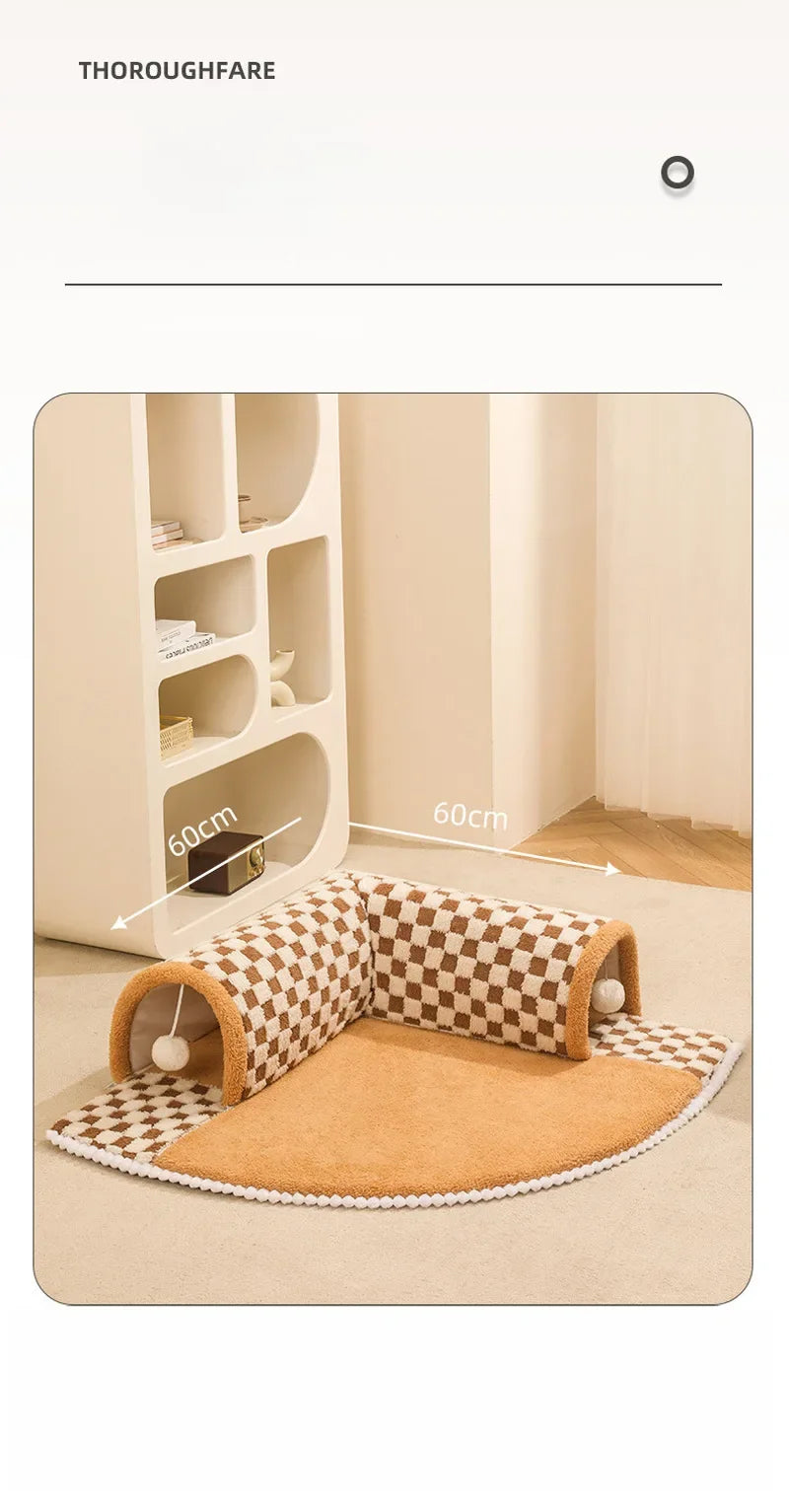 2-in-1 Cat Tunnel Bed – Plush Hideaway Tunnel with Removable Mat & Play Ball 2-in-1 Cat Tunnel Bed – Plush Hideaway Tunnel with Removable Mat & Play Ball