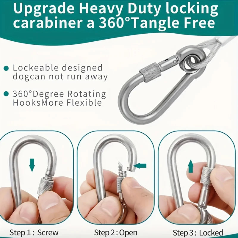 Heavy-Duty Double-Headed Dog Tie-Out Cable Leash – Stainless Steel, Multiple Lengths (6.6 ft to 49 ft)