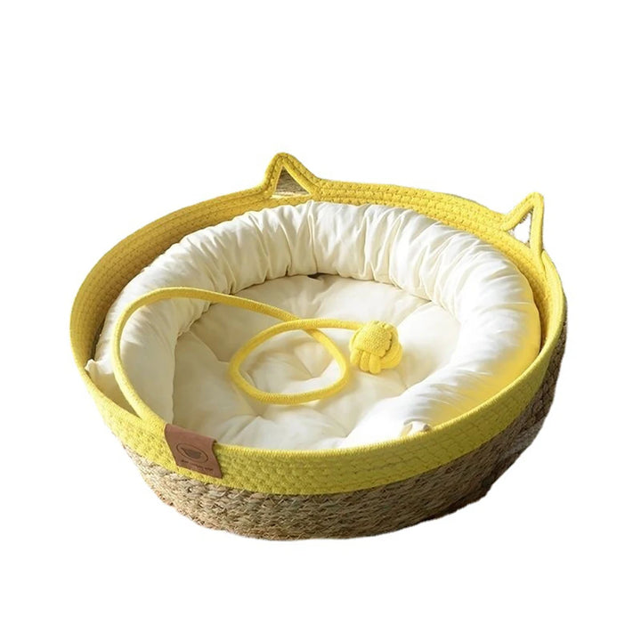Natural Rattan Straw Cat Bed House – Indoor Pet Kennel Basket with Soft Cushion & Scratching Ball | Cozy Tent for Cats, Kittens, and Small Dogs