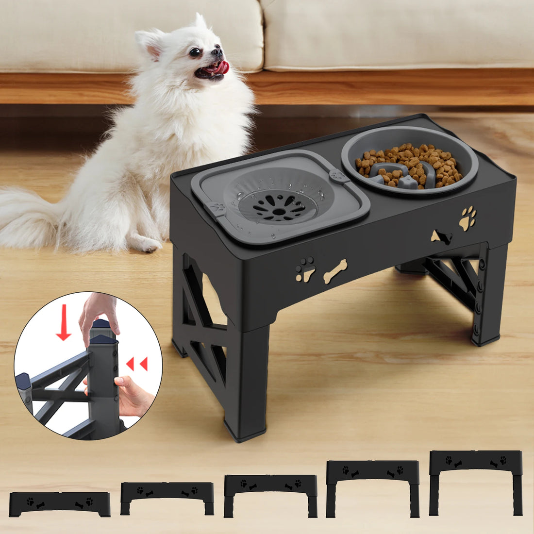 3-in-1 Adjustable Height Pet Feeder – Double Stainless Steel Bowls with Slow Feeder & Foldable Stand (5 Heights, 16.93")
