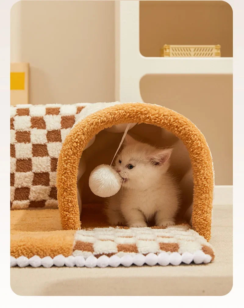 2-in-1 Cat Tunnel Bed – Plush Hideaway Tunnel with Removable Mat & Play Ball 2-in-1 Cat Tunnel Bed – Plush Hideaway Tunnel with Removable Mat & Play Ball
