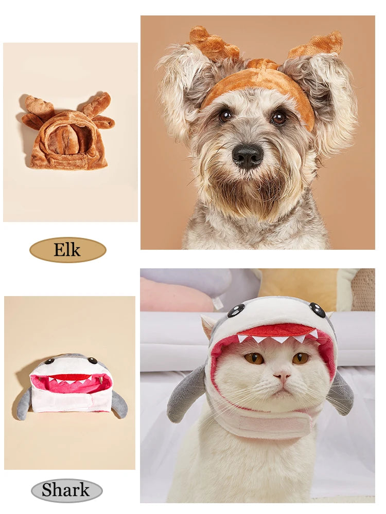 Pet Cosplay Party Costume – Shark & Elk Headdress | Warm Winter Hat for Cats & Dogs | Funny Dress-Up Outfit for Small Pets