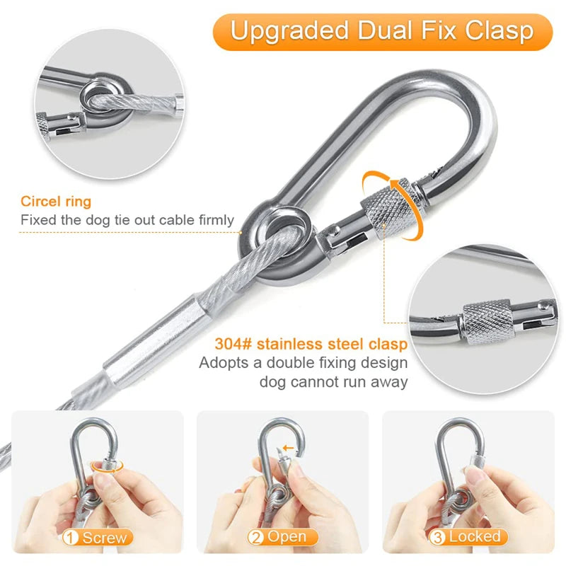 Heavy-Duty Double-Headed Dog Tie-Out Cable Leash – Stainless Steel, Multiple Lengths (6.6 ft to 49 ft)