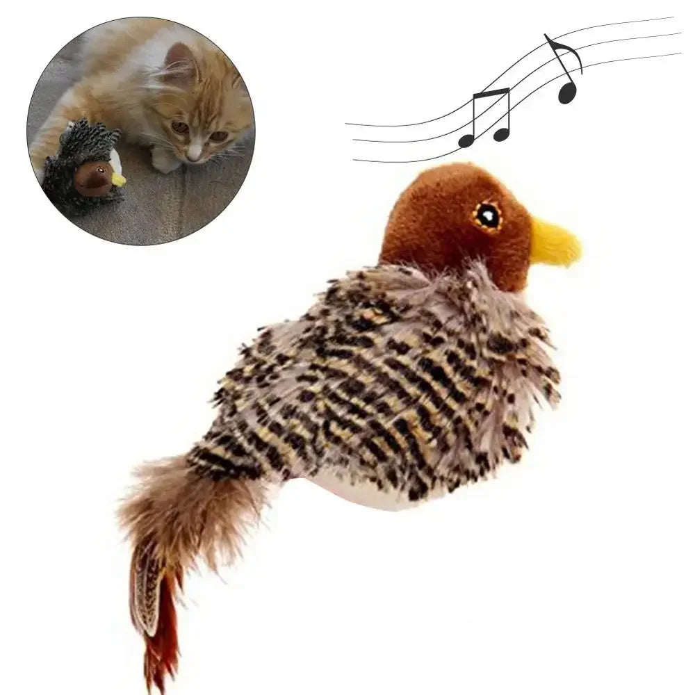 Interactive Electric Chirping Bird Cat Toy – Plush Sparrow with Feather, Catnip & Squeaky Sound | Teasing Toy for Kittens & Indoor Cats
