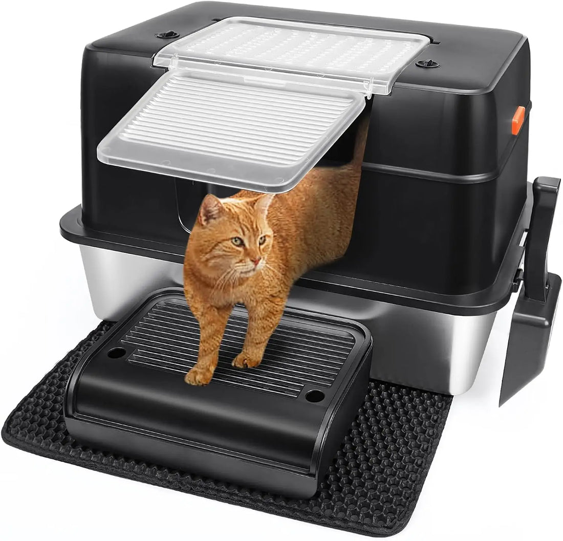 XXL Stainless Steel Cat Litter Box with Lid – High-Sided Enclosed Kitty Litter Pan with Front Entry & Top Access for Large Cats