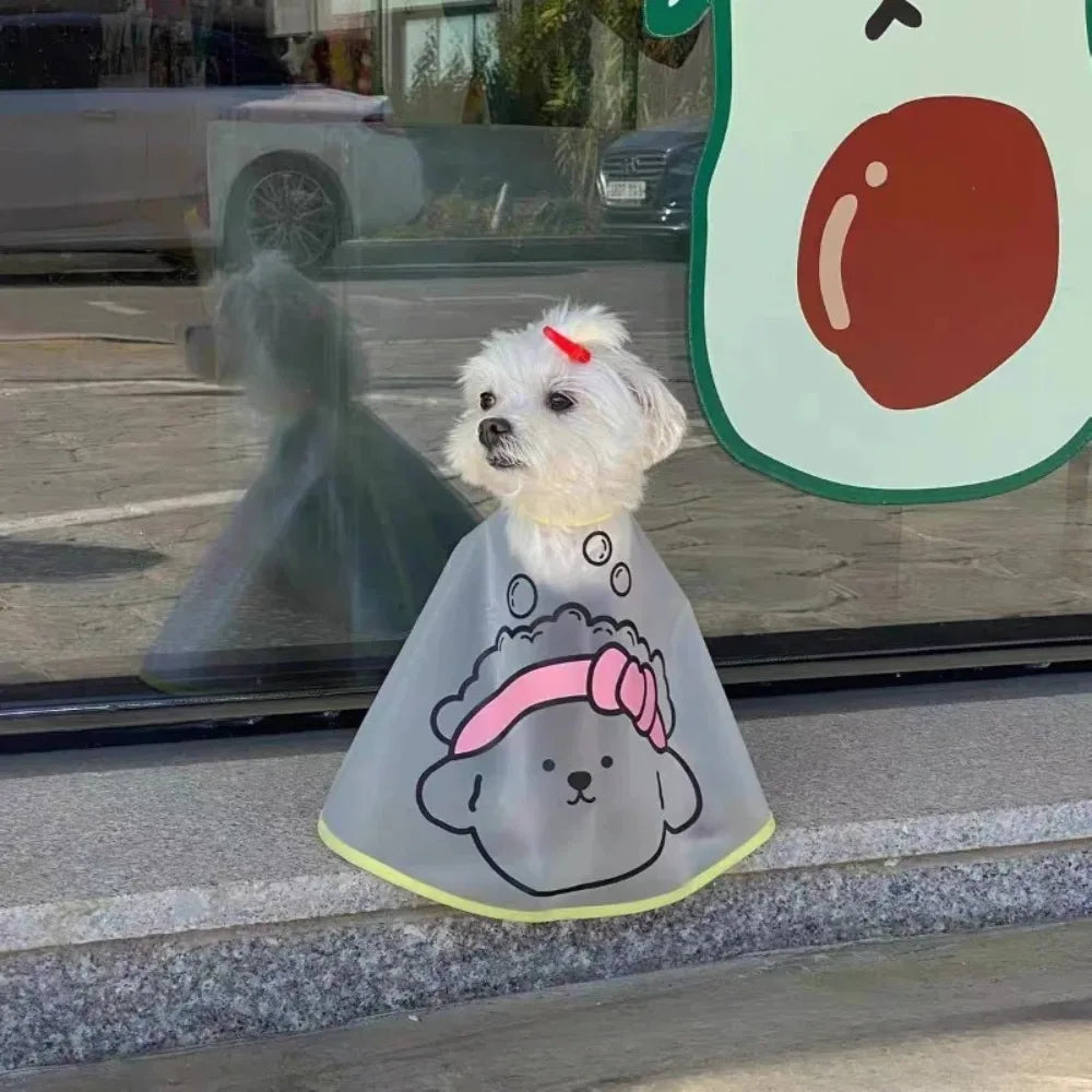 Adjustable Waterproof Pet Grooming Cape – Cartoon Print Dog Haircut Cloak | Transparent Facial Care Cape for Cats & Dogs