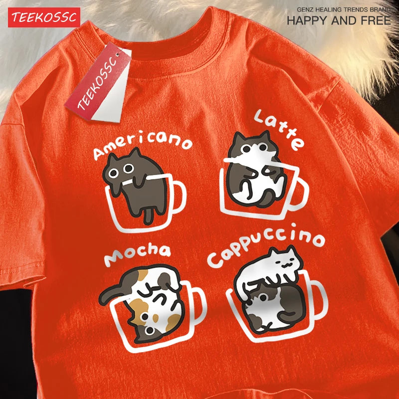 Cat Coffee T-Shirt – 100% Cotton Mocha Latte Cat Graphic Tee | Casual Loose Fit Short Sleeve Shirt for Men & Women