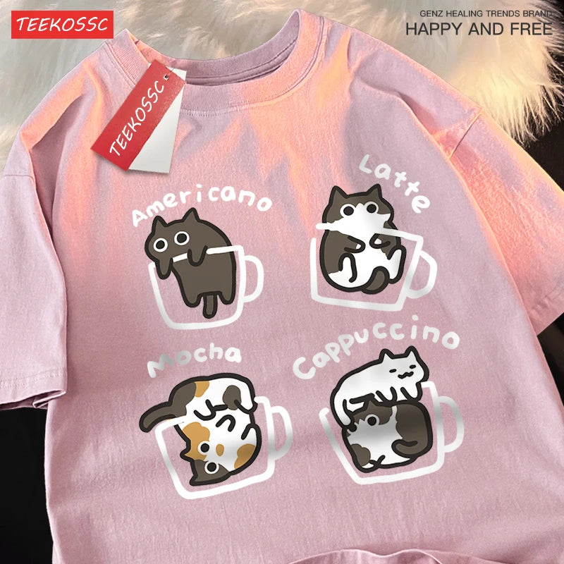 Cat Coffee T-Shirt – 100% Cotton Mocha Latte Cat Graphic Tee | Casual Loose Fit Short Sleeve Shirt for Men & Women