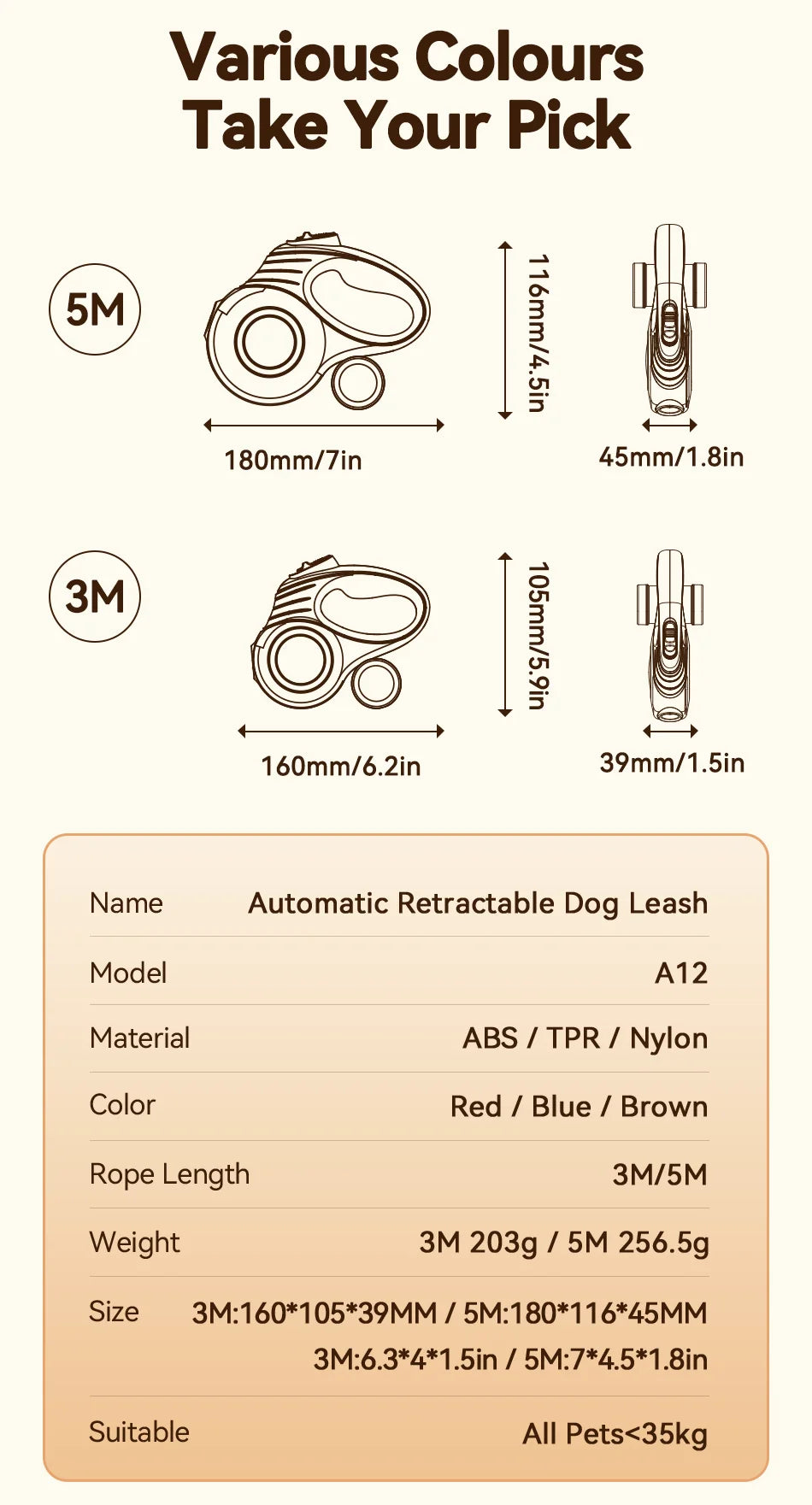 ROJECO Automatic Retractable Dog Leash 10ft/16ft Extendable