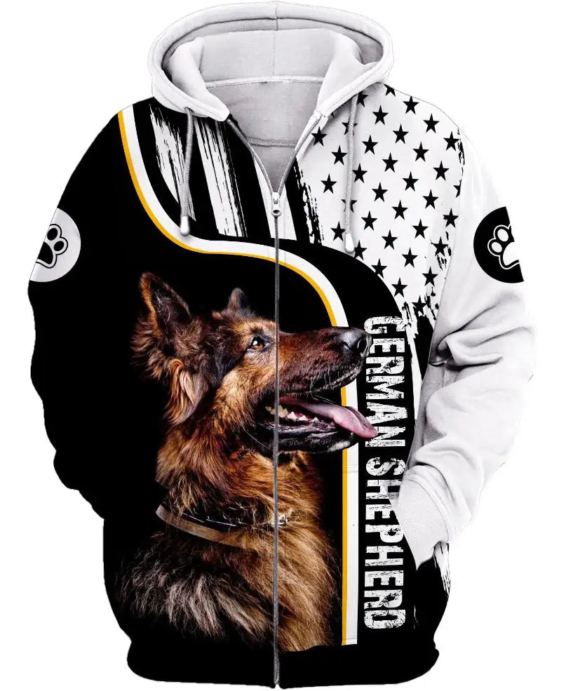 Love Dog German Shepherd 3D Printed Zipper Hoodie – Unisex Casual Streetwear Tracksuit | For Men & Women