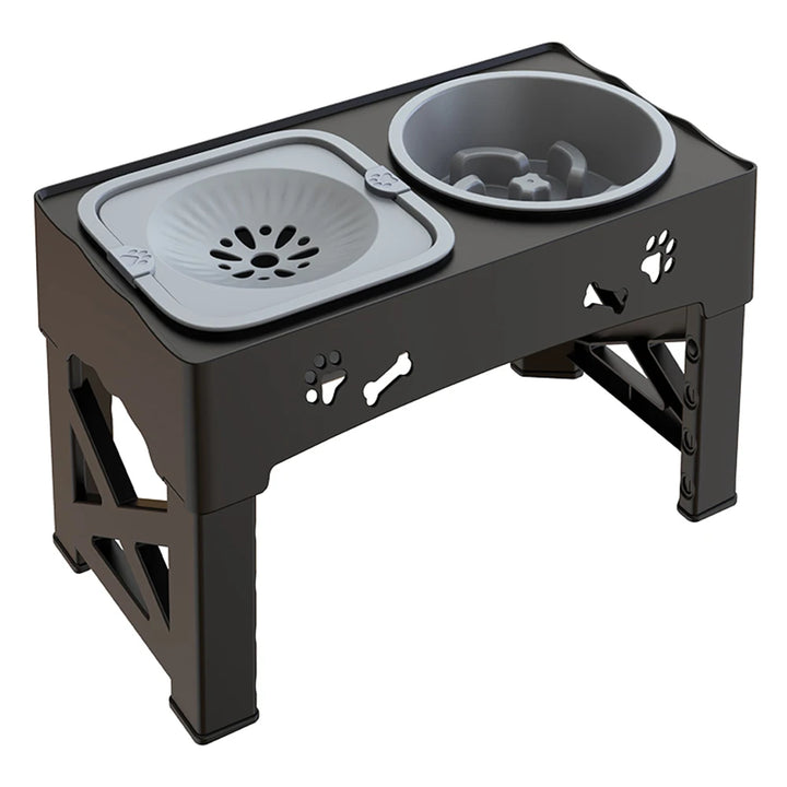 3-in-1 Adjustable Height Pet Feeder – Double Stainless Steel Bowls with Slow Feeder & Foldable Stand (5 Heights, 16.93")