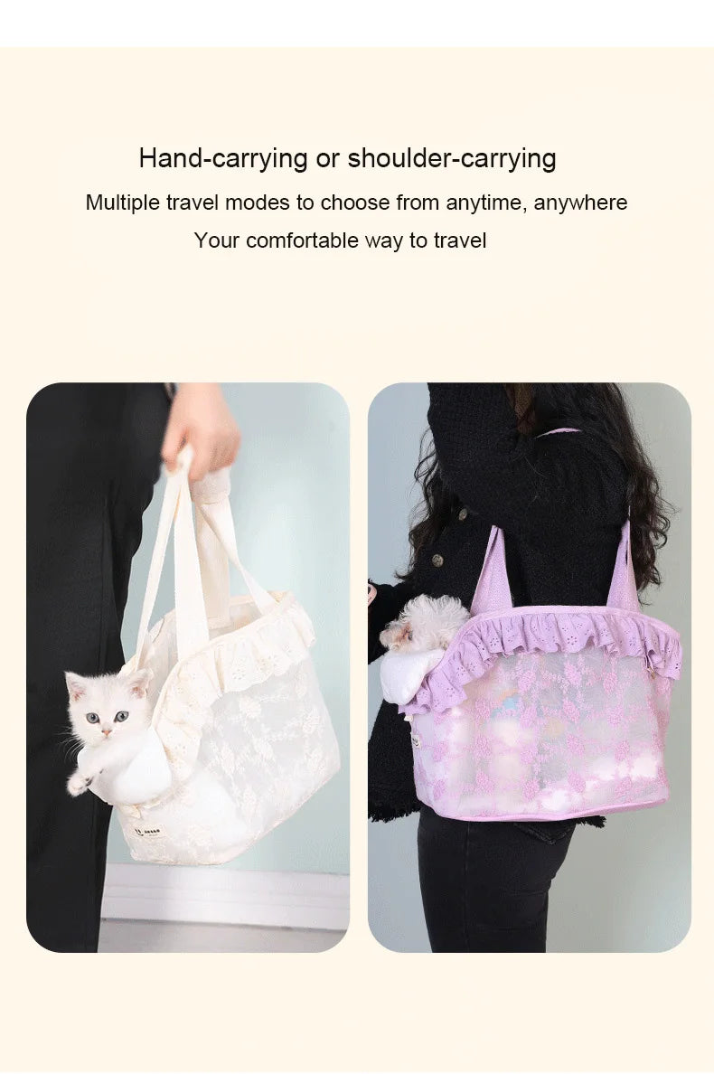 Pet Carrier Bag for Small Cats & Dogs – Lace Handheld Travel Backpack | Soft-Sided Car Seat Transport Tote | Puppy Travel Bag for Women