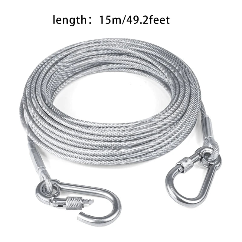 Heavy-Duty Double-Headed Dog Tie-Out Cable Leash – Stainless Steel, Multiple Lengths (6.6 ft to 49 ft)