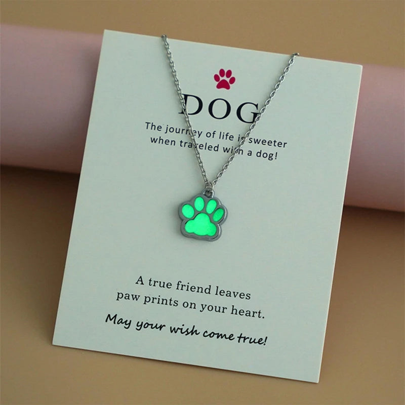 Luminous Paw Print Necklace – Glow-in-the-Dark Pet Lover Jewelry | Dog & Cat Pendant Choker | Gift for Couples, Friends, Animal Lovers