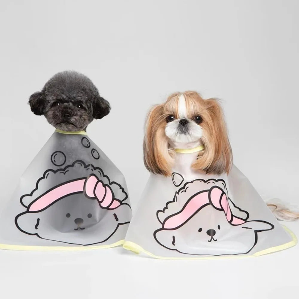 Adjustable Waterproof Pet Grooming Cape – Cartoon Print Dog Haircut Cloak | Transparent Facial Care Cape for Cats & Dogs