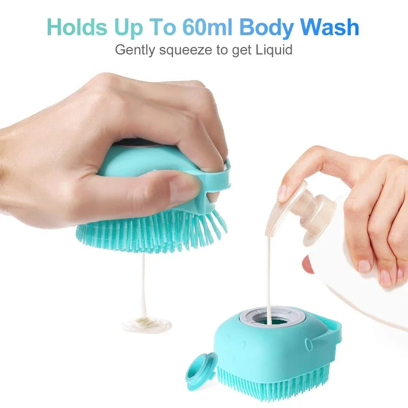 2-in-1 Dog Shampoo Brush with Dispenser – 80ml (2.7oz) Silicone Bath Scrubber for Dogs & Cats, Short Hair Pet Grooming Comb