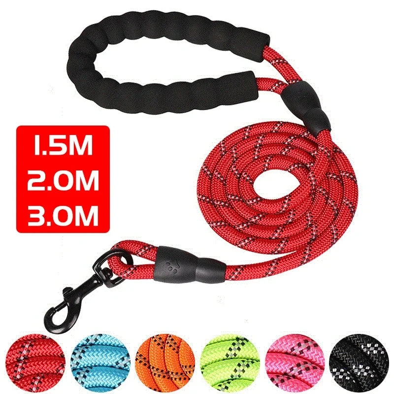 Reflective Nylon Dog Leash – Heavy-Duty Braided Rope Lead for Night Walks
