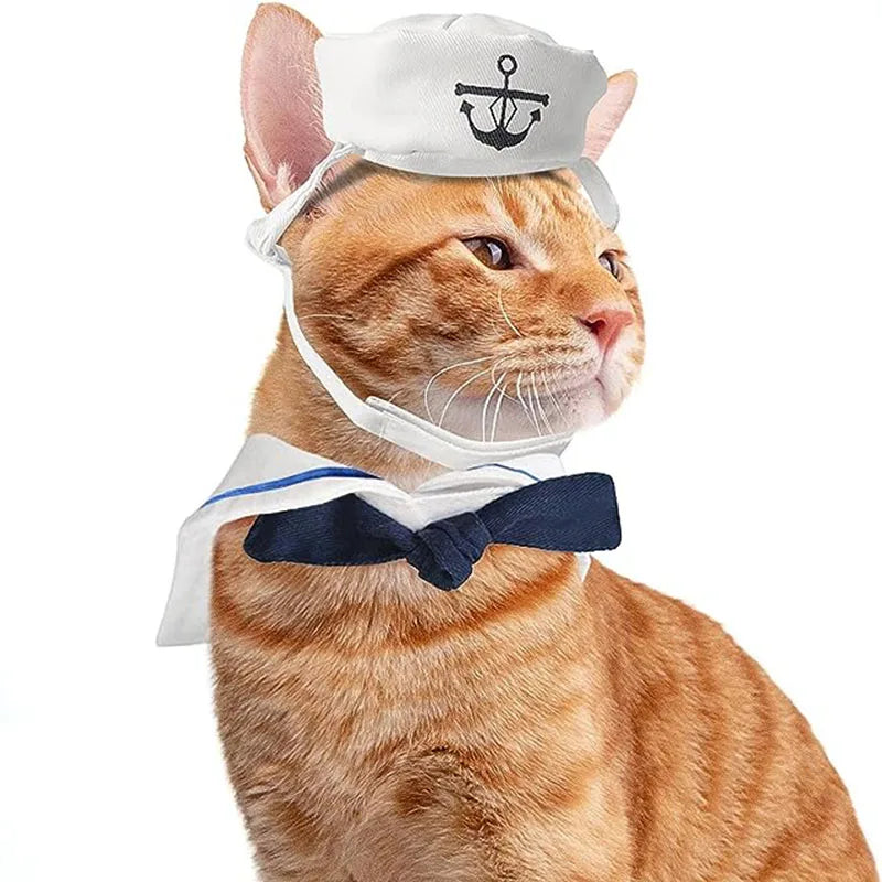 Funny Pet Navy Sailor Costume – Cat & Small Dog Halloween Cosplay Outfit with Adjustable Hat & Cloak
