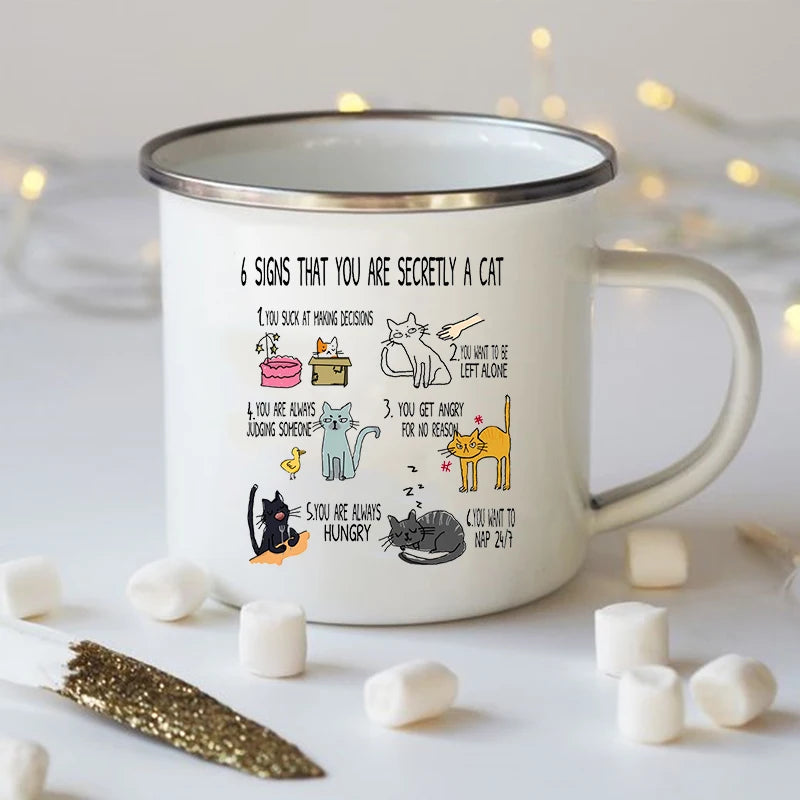 Funny Cat Print Enamel Mug – "6 Signs That You Are Secretly A Cat" Coffee Cup | Cat Lover Gift | Creative Drinkware