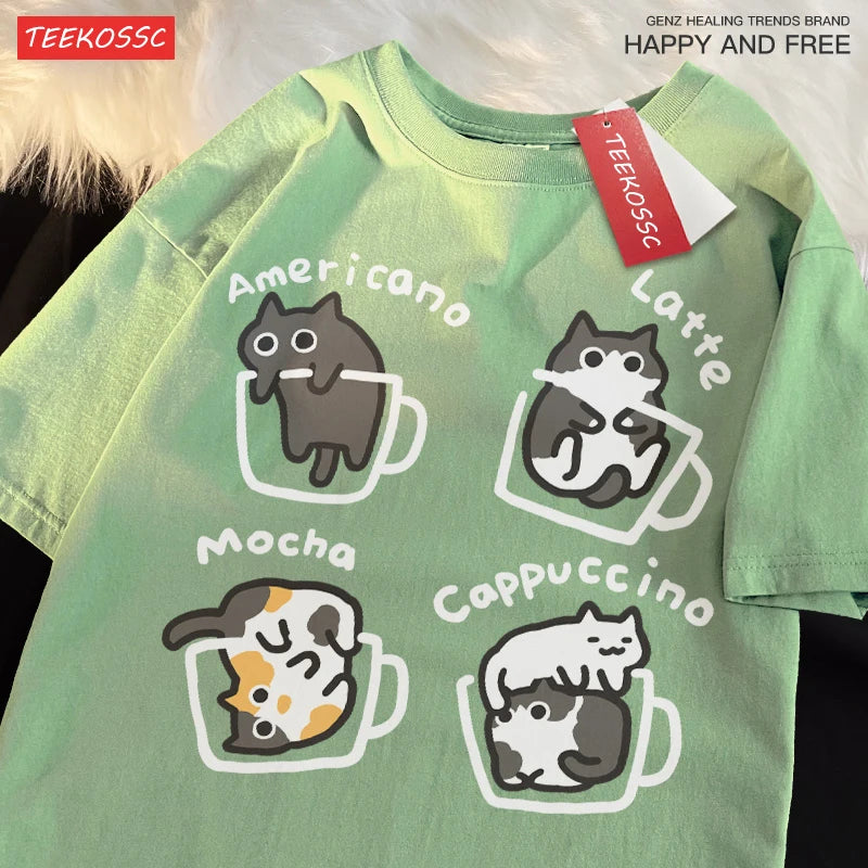 Cat Coffee T-Shirt – 100% Cotton Mocha Latte Cat Graphic Tee | Casual Loose Fit Short Sleeve Shirt for Men & Women