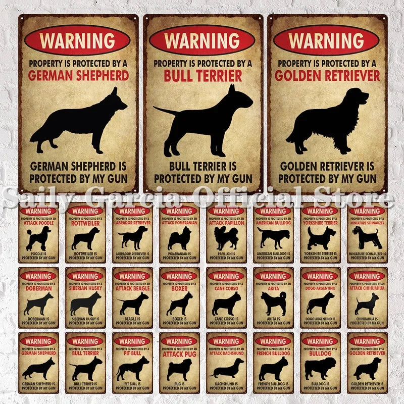 Dog Warning Vintage Tin Sign – Funny Metal Wall Decor for Pet Lovers | Farm, Kennel, or Home Use