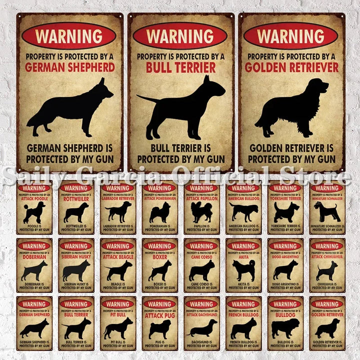 Dog Warning Vintage Tin Sign – Funny Metal Wall Decor for Pet Lovers | Farm, Kennel, or Home Use