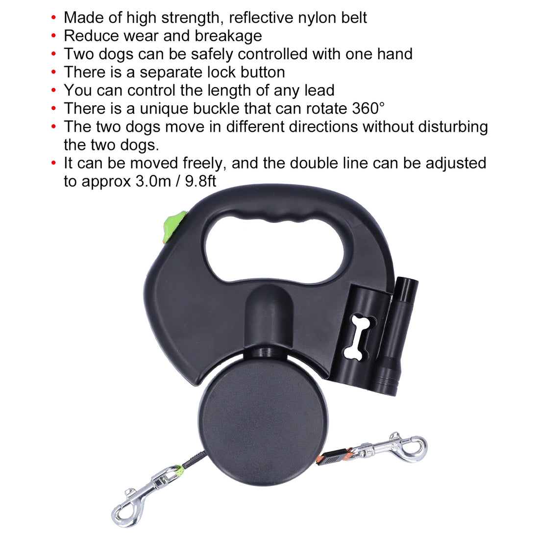 Dual Retractable Dog Leash with LED Flashlight & Waste Bag Dispenser – 360° Tangle-Free Design for 2 Dogs (Up to 33 lbs Each)