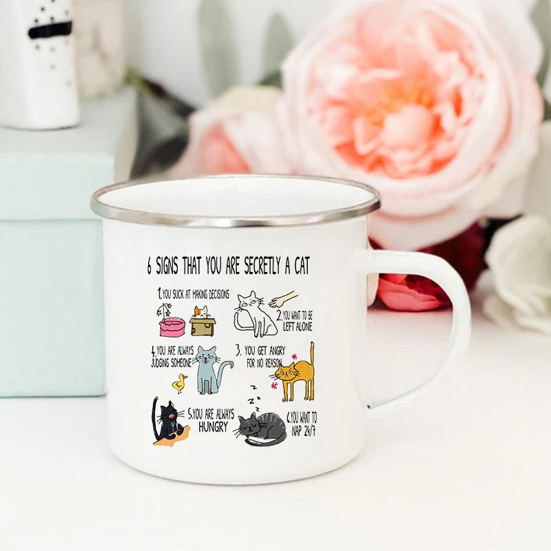 Funny Cat Print Enamel Mug – "6 Signs That You Are Secretly A Cat" Coffee Cup | Cat Lover Gift | Creative Drinkware