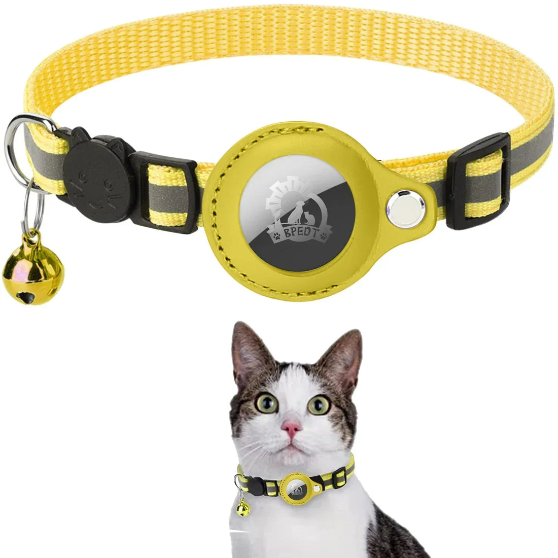 Reflective Pet Collar with AirTag Holder – Adjustable Nylon Collar with Bell & PU Leather Case (AirTag Not Included)