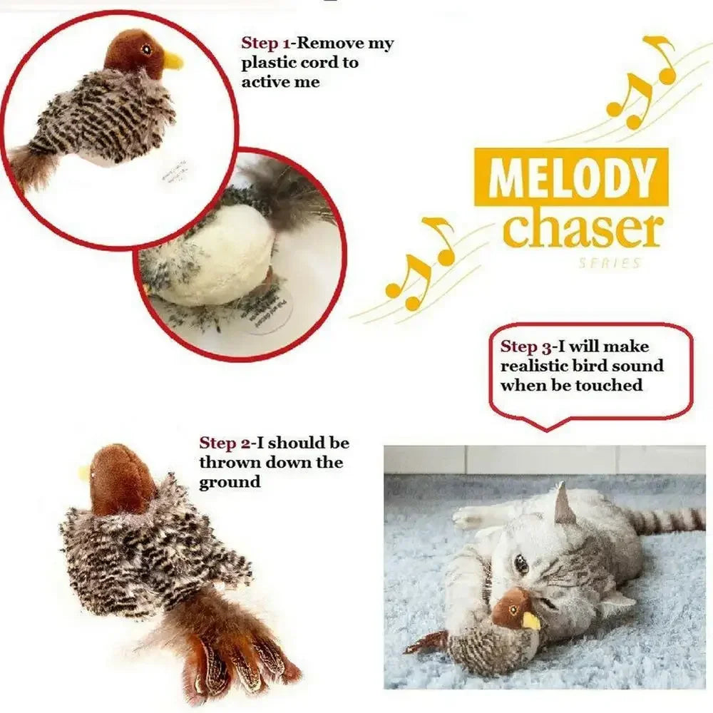 Interactive Electric Chirping Bird Cat Toy – Plush Sparrow with Feather, Catnip & Squeaky Sound | Teasing Toy for Kittens & Indoor Cats