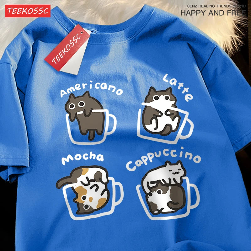 Cat Coffee T-Shirt – 100% Cotton Mocha Latte Cat Graphic Tee | Casual Loose Fit Short Sleeve Shirt for Men & Women