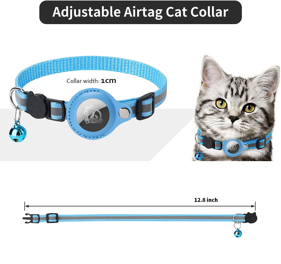 Reflective Pet Collar with AirTag Holder – Adjustable Nylon Collar with Bell & PU Leather Case (AirTag Not Included)