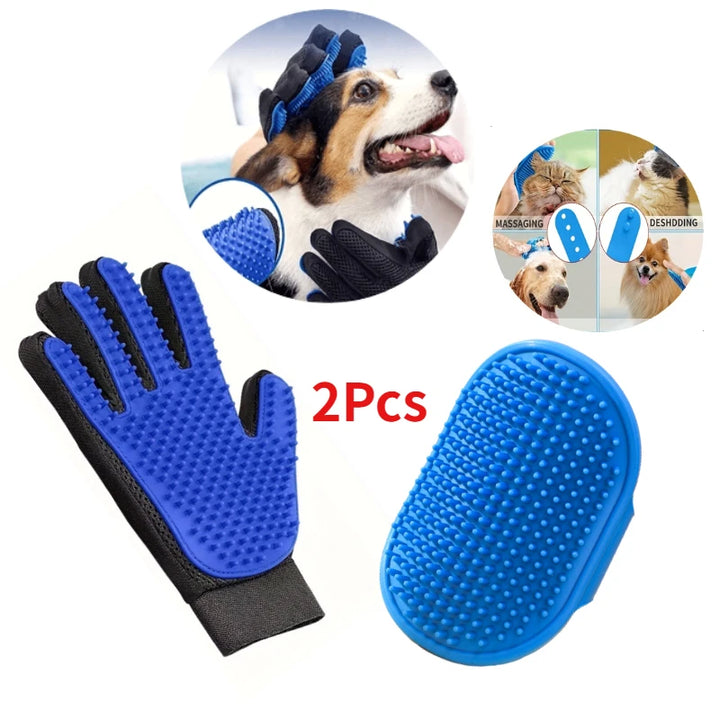 2Pcs Pet Grooming Kit – De-Shedding Brush & Bath Glove for Dogs, Cats, Rabbits | Hair Removal & Cleaning Set