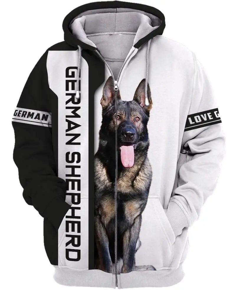 Love Dog German Shepherd 3D Printed Zipper Hoodie – Unisex Casual Streetwear Tracksuit | For Men & Women