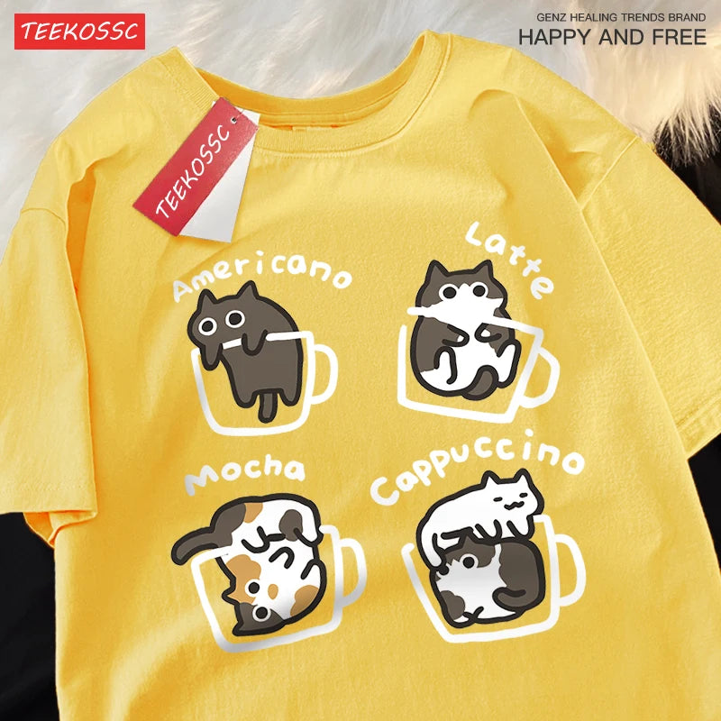 Cat Coffee T-Shirt – 100% Cotton Mocha Latte Cat Graphic Tee | Casual Loose Fit Short Sleeve Shirt for Men & Women