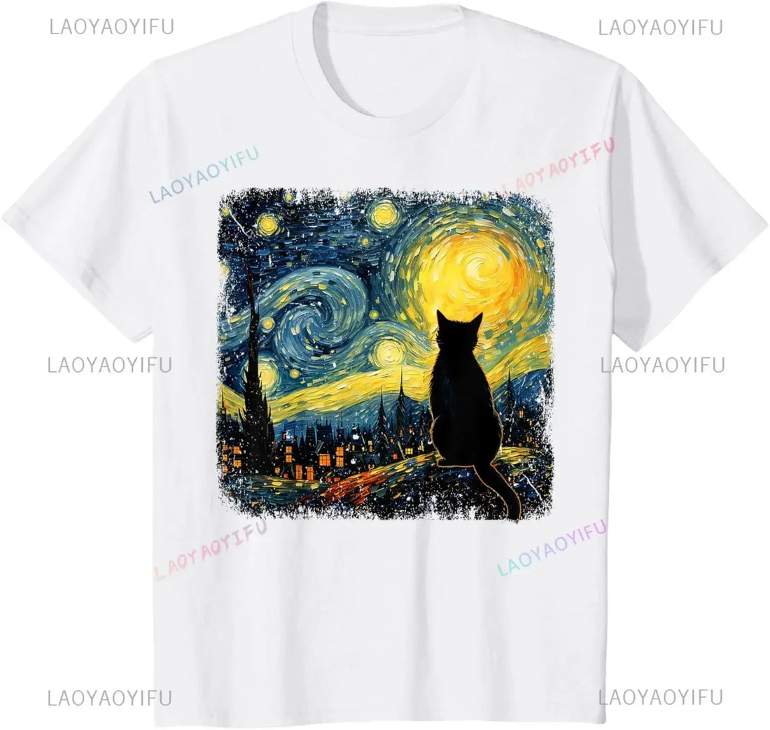 Cat Starry Night T-Shirt – Van Gogh Inspired Tee for Cat Lovers | Casual Loose Fit | Unisex Aesthetic Streetwear