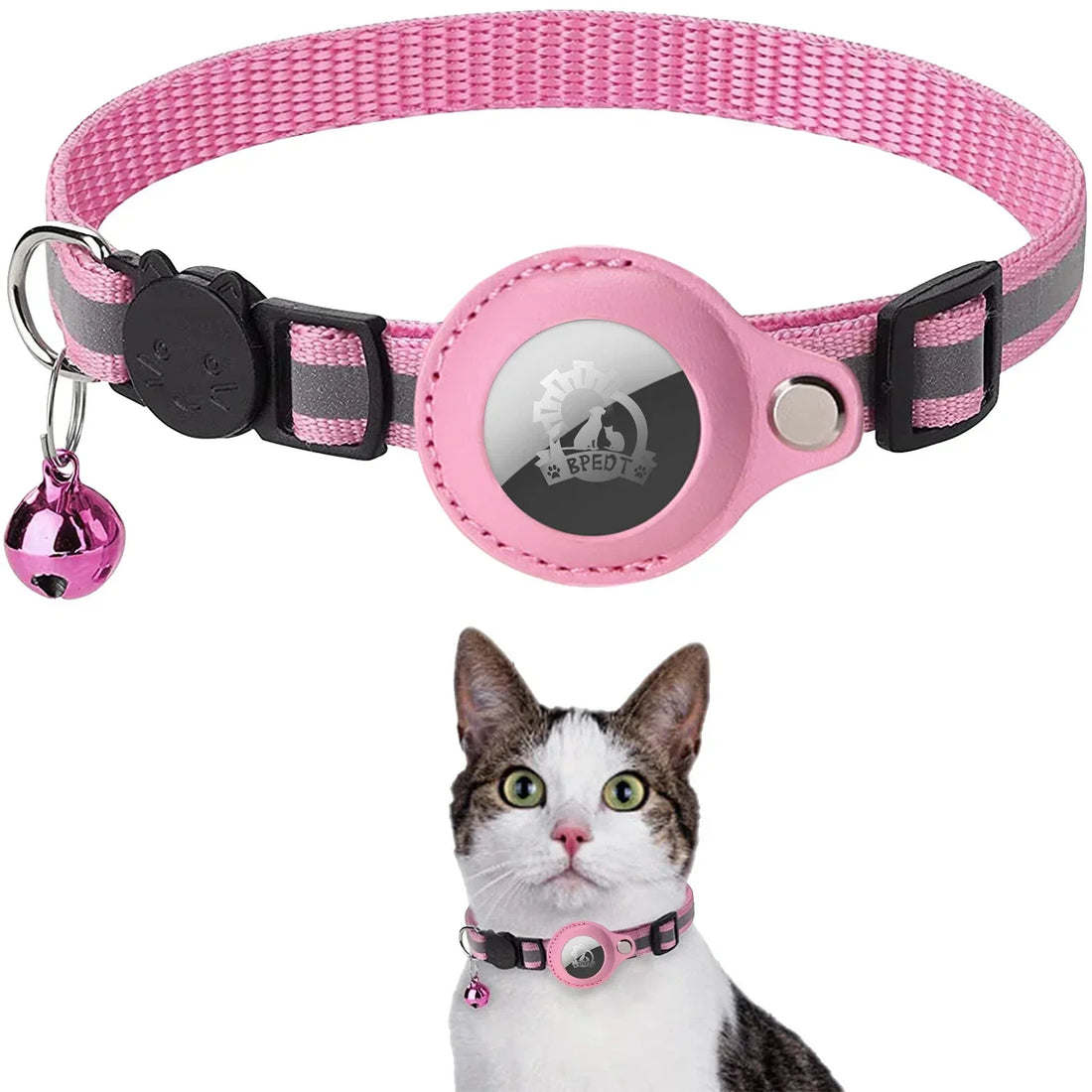 Reflective Pet Collar with AirTag Holder – Adjustable Nylon Collar with Bell & PU Leather Case (AirTag Not Included)
