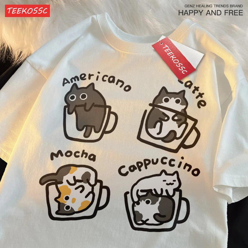 Cat Coffee T-Shirt – 100% Cotton Mocha Latte Cat Graphic Tee | Casual Loose Fit Short Sleeve Shirt for Men & Women