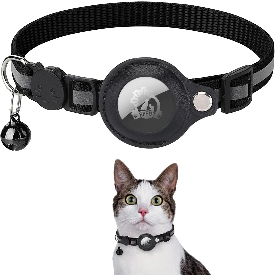 Reflective Pet Collar with AirTag Holder – Adjustable Nylon Collar with Bell & PU Leather Case (AirTag Not Included)